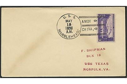 3 cents på filatelistisk skibsbrev stemplet USS Marblehead / Amoy, China d. 15.5.1938 til USS Texas i Norfolk, USA.