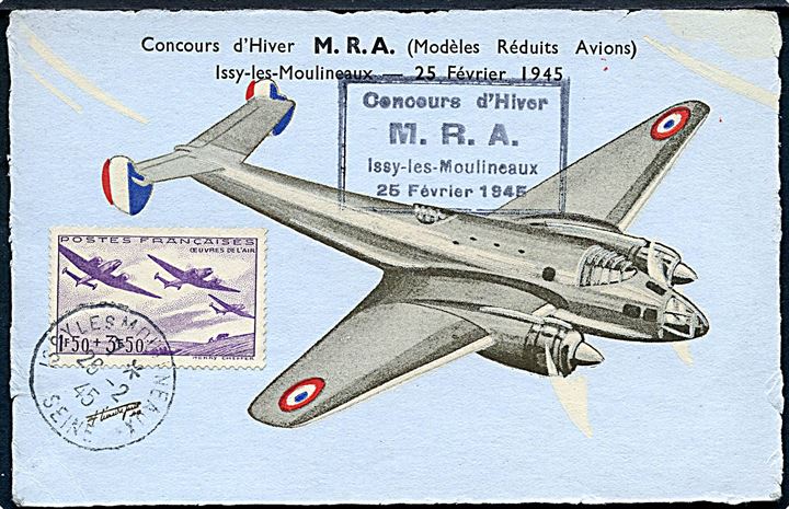 Maxikort med Fransk Potez 63 bombemaskine og 1,50+3,50 fr. Velgørenheds udg. stemplet Issy-les-Moulineaux d. 25.2.1945. 