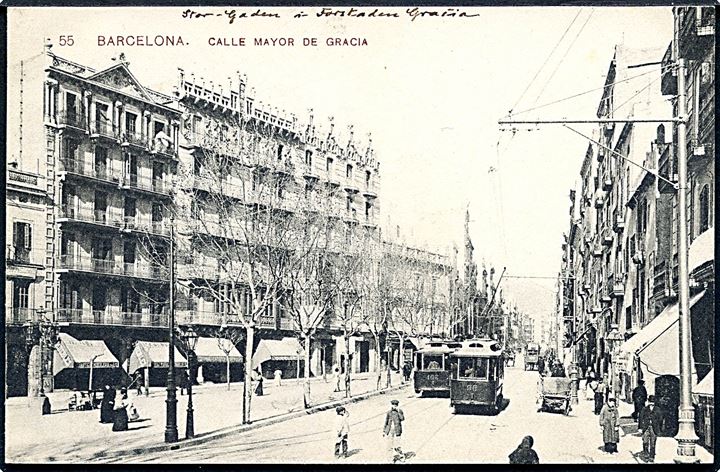 Spanien, Barcelona, Calle Mayor de Gracia med sporvogne. No. 55.