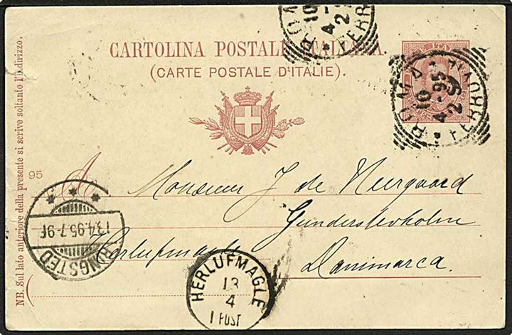 10 c. helsagsbrevkort fra Rom d. 10.4.1895 via Ringsted til Herlufmagle, Danmark. Ank.stemplet med lapidar stempel Herlufmagle d. 13.4.1895.