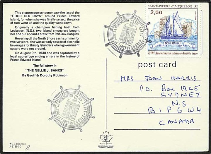 Saint-Pierre & Miquelon. 2,50 fr. Nellie J. Banks på souvenir FDC brevkort annulleret med særstempel d. 17.8.1988 til Sydney, Canada.