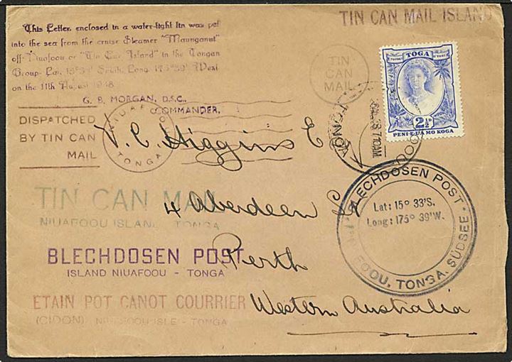 2½d single på Tin Can Island Mail brev stemplet Niuafoou Tonga 1938 til Perth, Australien. Mange forskellige stempler.
