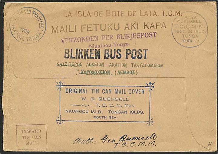 2½d single på Tin Can Island Mail brev stemplet Niuafoou Tonga 1938 til Perth, Australien. Mange forskellige stempler.