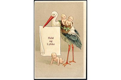 Held og Lykke. Stork med børn. M. B. R. u/no. (Prægekort). 