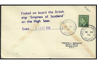 1d George på skibsbrev stemplet Paquebot Kingston Jamaica d. 26.12.1950 til USA. Sendt frra Empress of Scotland.