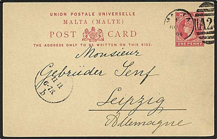 1d Victoria helsagsbrevkort stemplet Malta/A25 d. 7.11.1894 til Leipzig, Tyskland.