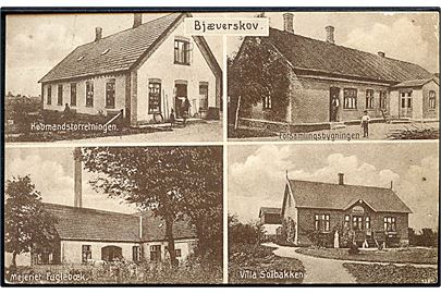 Bjæverskov. Købmandsforretningen, Forsamlingsbygningen, Mejeriet og Villa Solbakken. Fot. H. Schmidt no. 3560. 