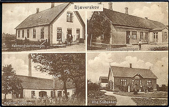 Bjæverskov. Købmandsforretningen, Forsamlingsbygningen, Mejeriet og Villa Solbakken. Fot. H. Schmidt no. 3560. 