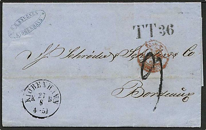 1863. Ufrankeret brev med antiqua stempel Kjøbenhavn KB d. 27.8.1863 via Hamburg og Paris til Bordeaux, Frankrig. Sort liniestempel TT 36 stempel