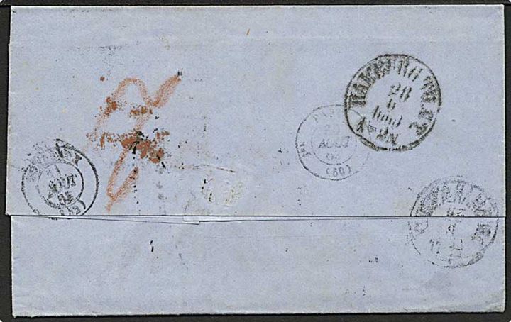 1863. Ufrankeret brev med antiqua stempel Kjøbenhavn KB d. 27.8.1863 via Hamburg og Paris til Bordeaux, Frankrig. Sort liniestempel TT 36 stempel