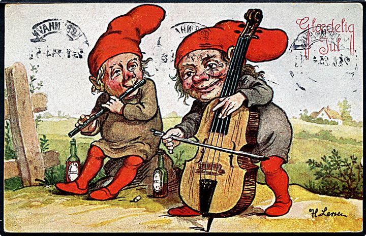 Henrik Larsen: Glædelig Jul. Nisser spiller på instrumenter. Paul Heckscher no. 1345 / 2. 