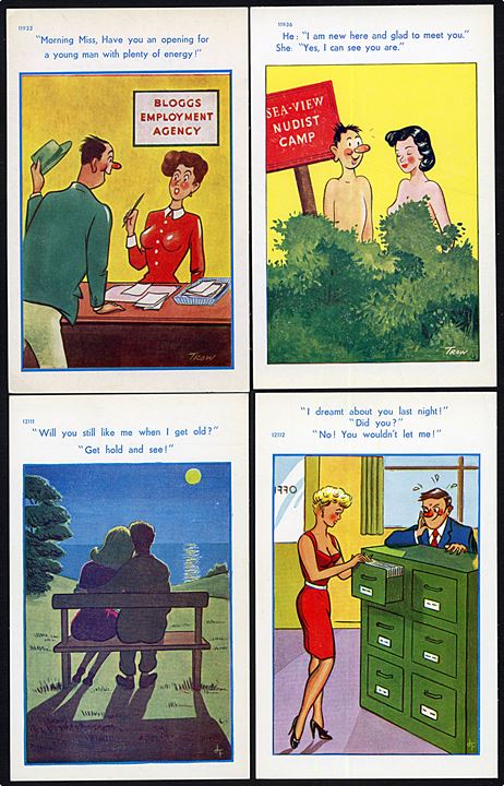 13 tegnede postkort med forskellige motiver. Brook Publishing no. 11905, 11906, 11913, 11933, 11933, 11936, 12017, 12040, 12109, 12111-12114. 
