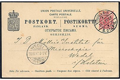 10 pen. helsagsbrevkort fra Raumo annulleret med 2-sproget bureaustempel Postilj. k. R.-P. d. 25.10.1897 til Wedel, Tyskland.
