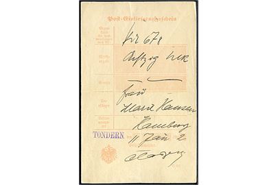 Indleveringskvittering med liniestempel TONDERN dateret d. 11.1.1902.