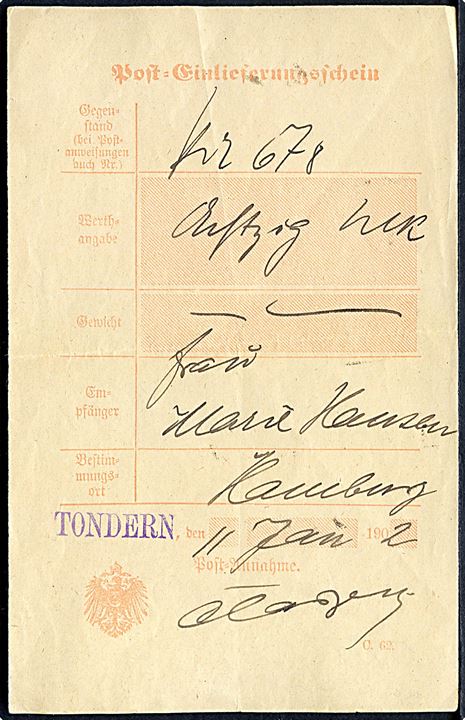 Indleveringskvittering med liniestempel TONDERN dateret d. 11.1.1902.