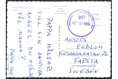 Ufrankeret brevkort fra Kamina med stempel Organisation des Nations Unies au Congo d. 10.10.1960 til Farsta, Sverige. Fra svensk FN-soldat i Congo.
