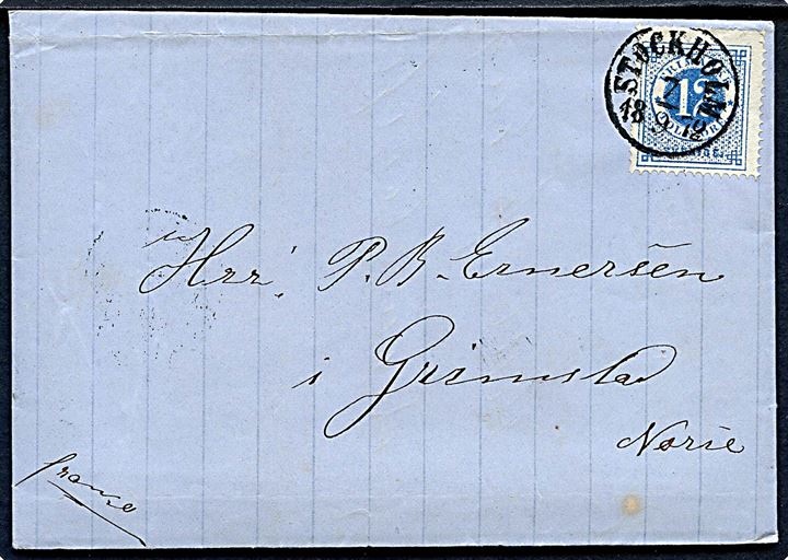 12 öre Ringtype på brev fra Stockholm d. 7.9.1872 via Christiania OMK. til Grimstad, Norge.