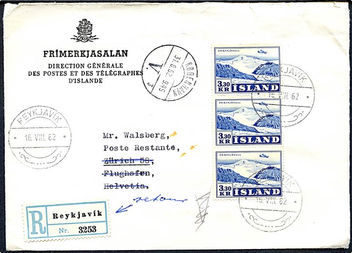 3,30 kr. Luftpost (3) på anbefalet brev fra Reykjavik d. 15.8.1962 til Zürich, Schweiz. Retur via København d. 31.8.1962