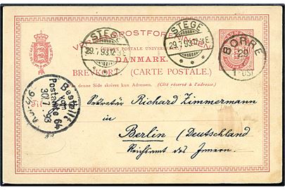 10 øre Våben helsagsbrevkort annulleret med lapidar Borre d. 29.7.1893 via Stege til Berlin, Tyskland.
