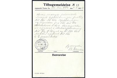 Tilbagemelding No 12 - formular F.32 (3-47 B.6) - angaaende Posten fra Tdr-Bm 493 d. 7.4.1959 med bureaustempel Bramminge - Tønder sn4 T.490 d. 8.4.1959.