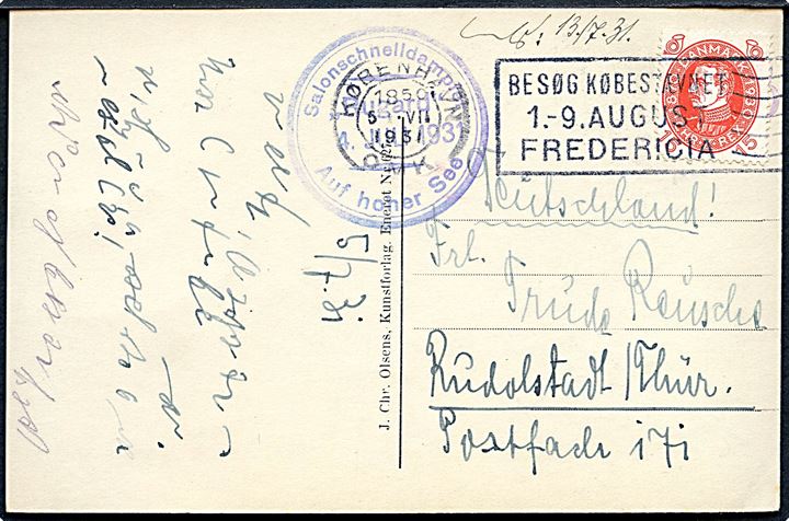 15 øre Chr. X 60 år på brevkort annulleret København d. 5.7.1931 og sidestemplet Salonschnelldampfer Rugard Auf hoher See d. 4.7.1931 til Rudolstadt, Tyskland.