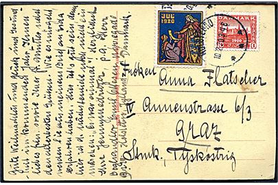 10 øre Genforening og Julemærke 1920 på brevkort (Holstebro, Tvis Mølle) fra Holstebro d. 10.12.1920 til Graz, Østrig.