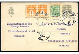 3 øre helsagsbrevkort opfrankeret med 1 øre Bølgelinie (par) og 5 øre Chr. X fra Kjøbenhavn d. 28.5.1917 til Vignon, Curacao, Hollandsk Vestindien. Interessant destination og uden tegn på censur.