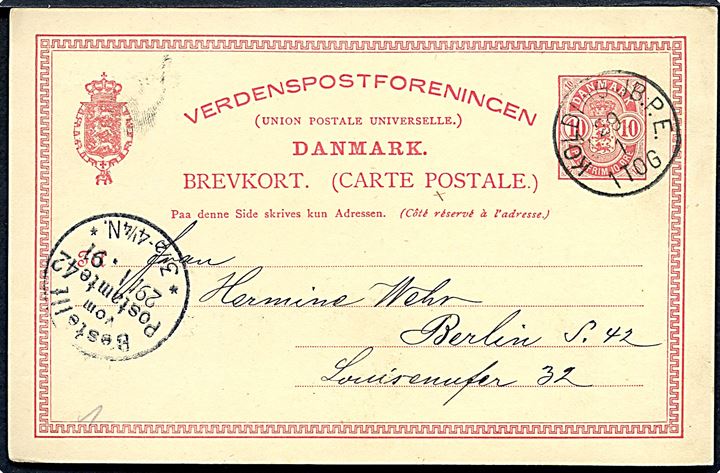 10 øre Våben helsagsbrevkort med matricefejl Åbent 0 annulleret med lapidar Kolding JB.P.E. d. 29.1.1891 til Berlin, Tyskland.