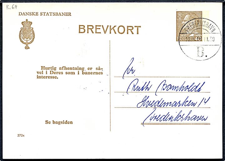 Danske Statsbaner 40 øre Fr. IX helsagsbrevkort formular A455 (fabr. 373x) annulleret med brotype Vd Frederikshavn B. d. 10.6.1967 til Frederikshavn.