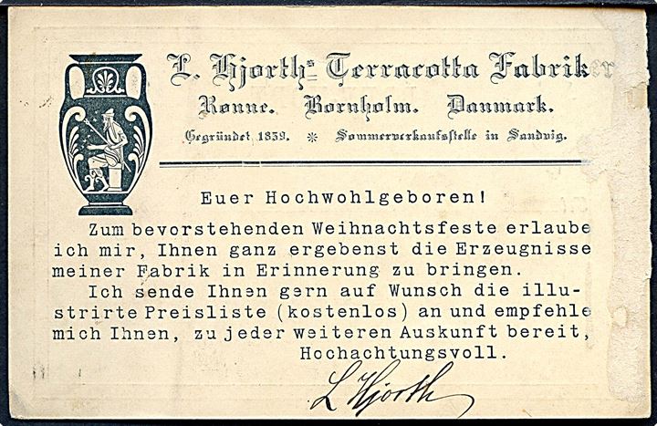 5 øre Fr. VIII helsagsbrevkort med fortrykt meddelelse fra L. Hjorth's Terracotta Fabrik sendt som tryksag fra Rønne d. 9.11.1909 til Hof, Bayern, Tyskland.