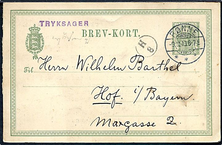 5 øre Fr. VIII helsagsbrevkort med fortrykt meddelelse fra L. Hjorth's Terracotta Fabrik sendt som tryksag fra Rønne d. 9.11.1909 til Hof, Bayern, Tyskland.