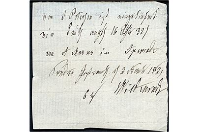 1821. Håndskrevet postkvittering fra Tønder Postkontor d. 2.11.1821 for forsendelse til Aabenraa.