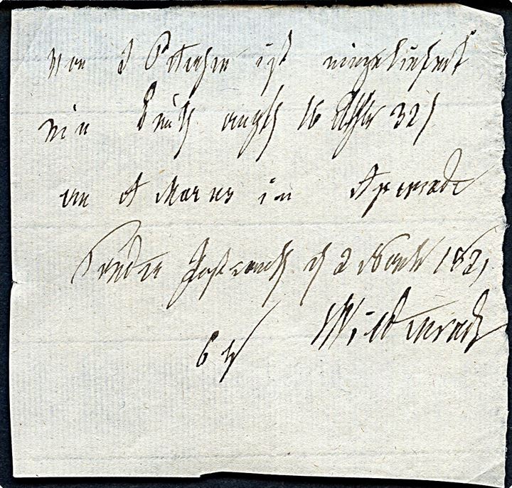 1821. Håndskrevet postkvittering fra Tønder Postkontor d. 2.11.1821 for forsendelse til Aabenraa.