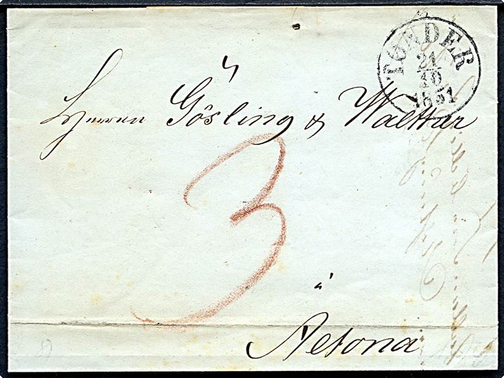 1851. Ufrankeret portobrev med antiqua Tønder d. 21.10.1851 til Altona. Påskrevet 3 med rødkridt.
