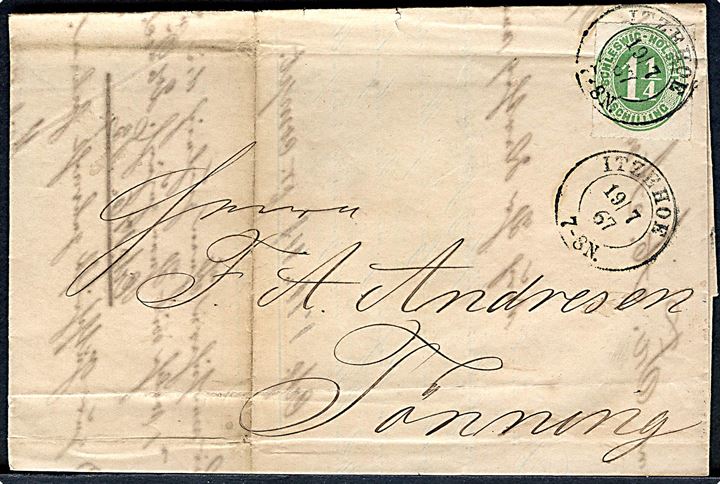 Schleswig - Holstein 1 1/4 Sch. stukken kant på brev annulleret med 2-ringsstempel Itzehoe d. 19.7.1867 via Heide til Tönning