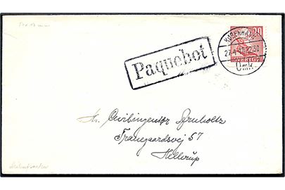 20 öre Gustaf på brev annulleret med dansk stempel i København d. 27.4.1948 og sidestemplet Paquebot til Hellerup.