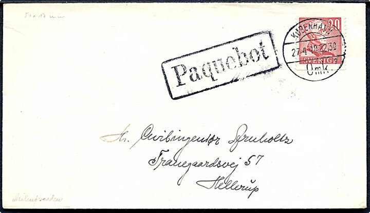 20 öre Gustaf på brev annulleret med dansk stempel i København d. 27.4.1948 og sidestemplet Paquebot til Hellerup.