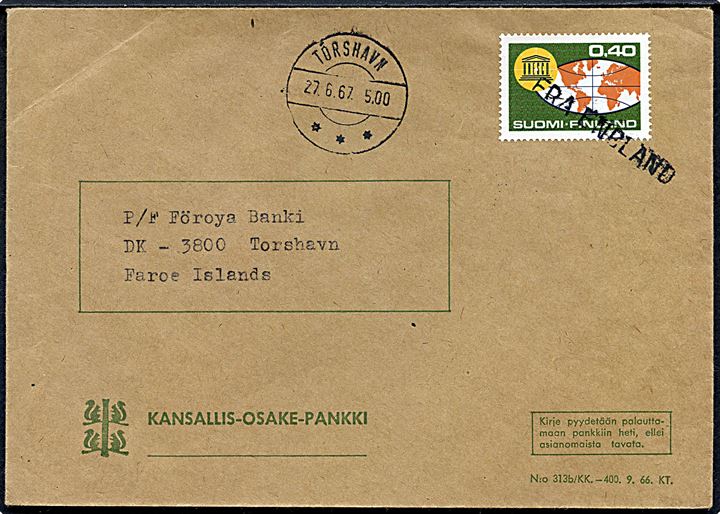Finsk 0,40 mk. på skibsbrev annulleret Fra England og sidestemplet Tórshavn d. 27.6.1967 til Tórshavn, Færøerne.