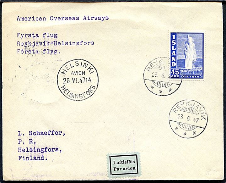45 aur Geysir på American Overseas Airways 1.-flyvningskuvert fra Reykjavik d. 23.6.1947 til Helsinki, Finland.