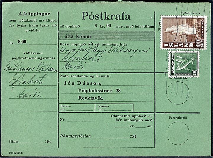 10 aur Sild og 40 aur Geysir på adressekort for pakke med opkrævning annulleret med svagt håndrullestempel i Reykjavik til Gardi.