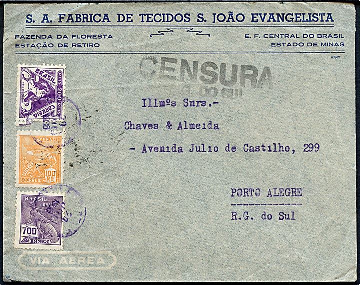 1000 reis blandingsfrankeret indenrigs luftpostbrev annulleret med svagt stempel d. 29.7.1936 til Porto Alegre. Sort brasiliansk borgerkrigs-censur: CENSURA R.G. DO SUL.