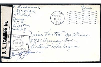 Ufrankeret feltpostbrev med udslebet maskinstempel U. S. Army A.P.O. d. 2.9.1942 til Detroit, USA. Sendt fra soldat i 11th Infantry APO 5 (= Baldurshagi, Island). Åbnet af amerikansk feltpost censur med fortrykt banderole og stempel Passed by U S Army Examiner 00961.