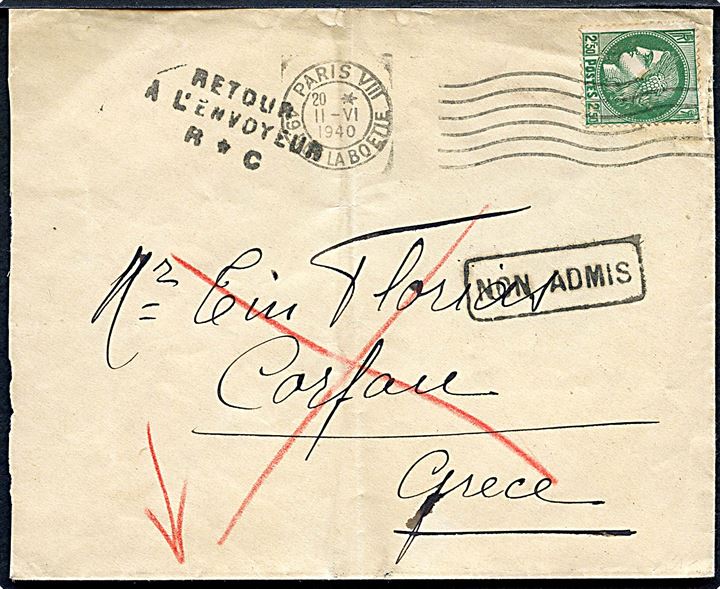 2,50 fr. på brev fra Paris d. 11.6.1940 til Corfou, Grækenland. Retur med flere stempler da postforbindelsen er indstillet.