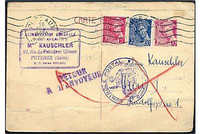 70 c. helsagsbrevkort opfrankeret med 5 c. og 50 c. fra Puteaux d. 18.10.1939 til Wien, Tyskland. Returneret af den franske censur da postforbindelsen er afbrudt. Folder.
