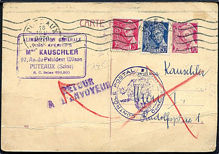 70 c. helsagsbrevkort opfrankeret med 5 c. og 50 c. fra Puteaux d. 18.10.1939 til Wien, Tyskland. Returneret af den franske censur da postforbindelsen er afbrudt. Folder.