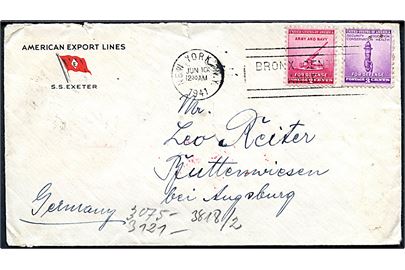 2 cents og 3 cents Defense på fortrykt kuvert fra S/S Exeter, American Export Lines i New York d. 10.6.1941 til Augsburg, Tyskland. Åbnet af tysk censur i Frankfurt.