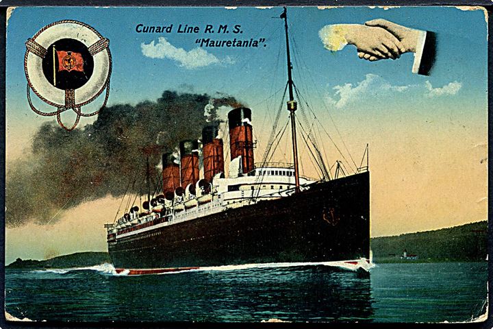 1d George V på brevkort (RMS Mauretania, Cunard Line) dateret i Atlanterhavet og annulleret med sejlende skibspost stempel Transatlantic Post Office 1 d. 22.5.1914 til Sverige.