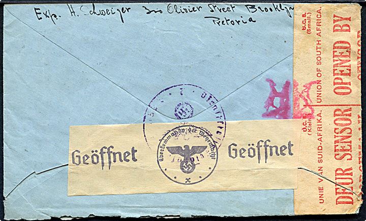 4d Defense på brev fra Pretoria d. 29.7.1942 til Langendorf, Schweiz. Åbnet af sydafrikansk censur og tysk censur i Paris med godt provisorisk censurstempel.