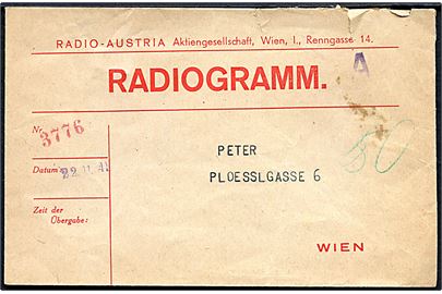 Radio-Austria fortrykt Radiogramm kuvert dateret d. 22.11.1941 til lokal adresse i Wien.