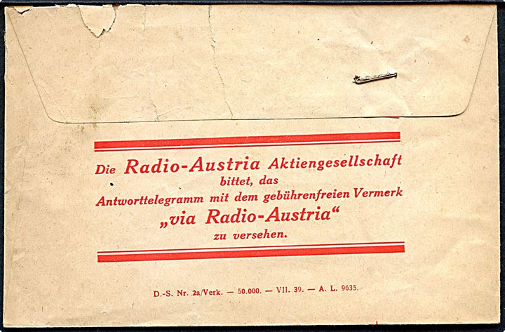 Radio-Austria fortrykt Radiogramm kuvert dateret d. 22.11.1941 til lokal adresse i Wien.